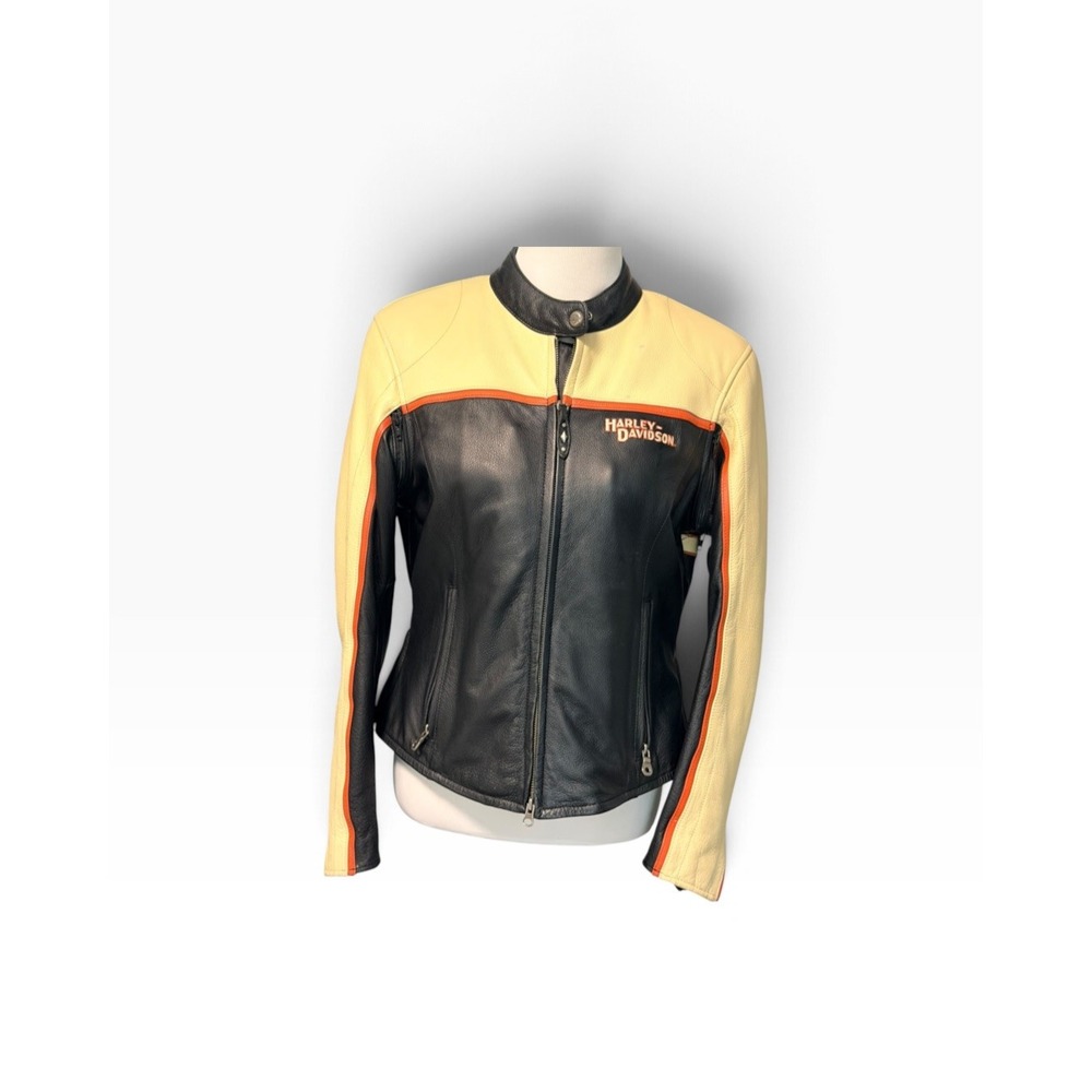 Harley-Davidson Motorcycle Jacket Womens Black Cream Leather Embroidered Logo